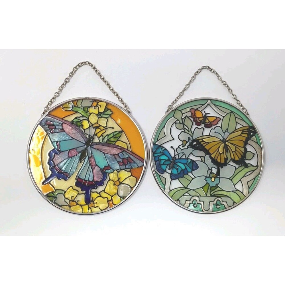 Vintage Butterflies & Wildflowers Set Of 2 Round 4.5" Suncatchers